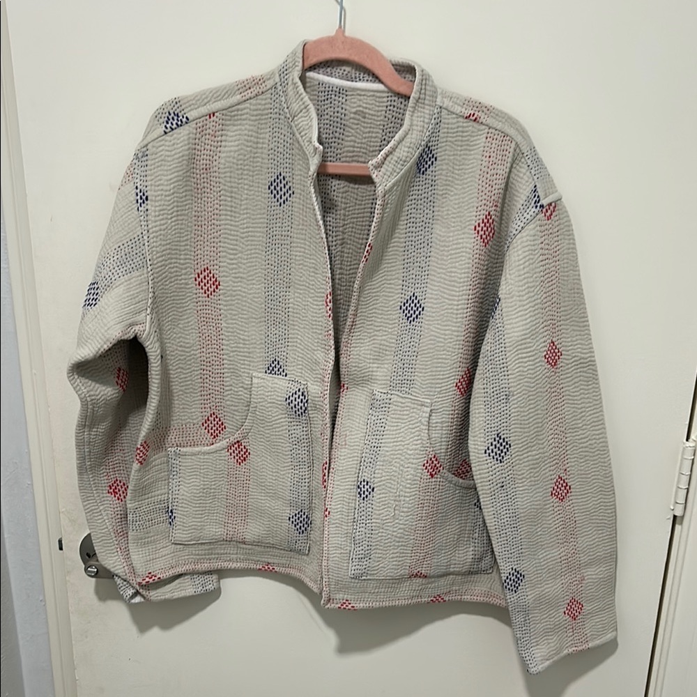 Red and Cream Jean Jacket with Unique Embroidery